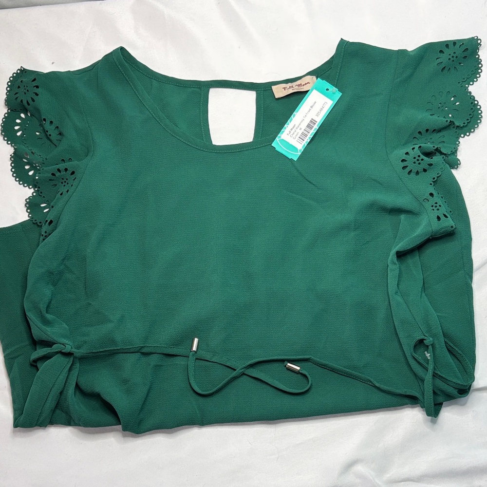 Forest Green Laser-Cut Sleeve Women's Blouse by Full Moon